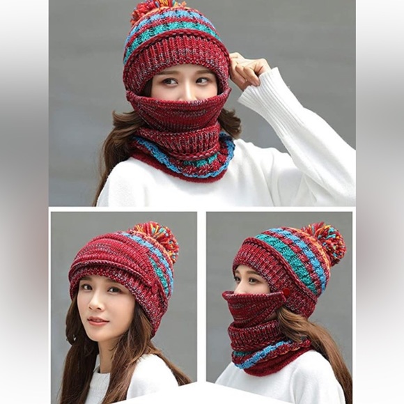 Women Winter Warm Red Hat with Face mask covering Beanie Knit Scarf Cover NEW - Picture 3 of 9